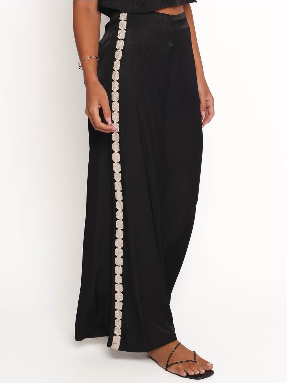 Petal & Pup Margarete Black Wide-Leg Pants with Ivory Crochet Side Trim